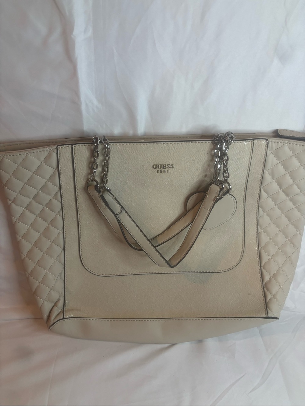 Guess Cream Quilted-Panel Tote with Chain Handles